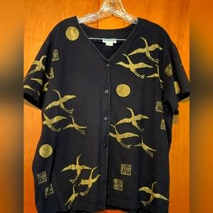 Short sleeve,  cotton top with beautiful golden cranes